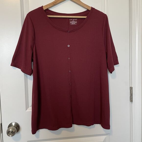 Lane Bryant Button Down Ribbed Tshirt Women's Size 2X 16-18 Maroon Red Stretchy - Picture 2 of 8